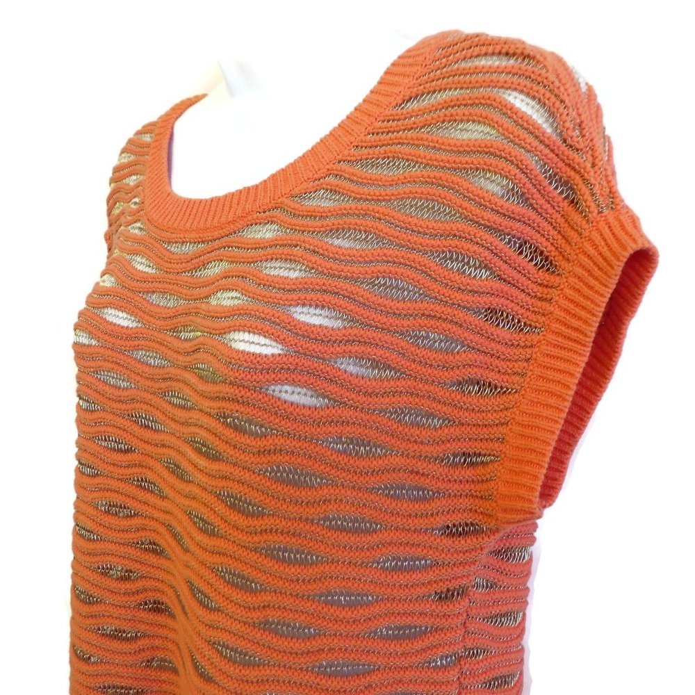 Ann Taylor Orange Knit Sweater Gold Lurex Ribbed Crew Sleeve XS